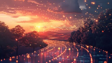 Enchanting evening landscape with a glowing sunset its vibrant colors reflected in the calm waters of a tranquil lake surrounded by a forest of trees and twinkling lights