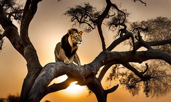 Lion on top of a baobab branch.