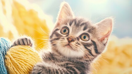 A playful kitten curiously gazes at a colorful yarn ball.