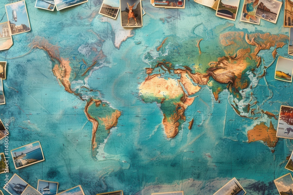 Aufkleber travel memories displayed across a vibrant world map highlighting journeys and adventures. generativ