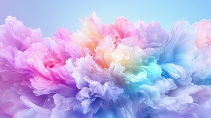 Fototapeta premium Abstract 3D rendering of swirling pastel colored clouds resembling soft ruffled flower petals against a blue gradient background.