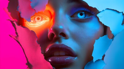 Artistic portrait featuring vibrant colors and dramatic lighting effects on a model\'s face