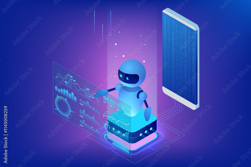 Poster isometric ai chatbot robot interacting with holographic data dashboards above a smartphone. neon blu