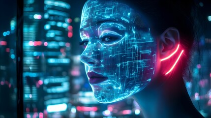 Digital art featuring a woman\'s face illuminated by vibrant neon light in a futuristic city