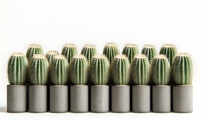 Group of small cacti in cement pots against white.