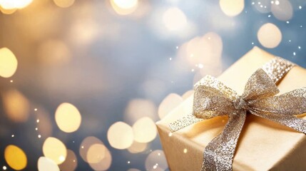 A beautifully wrapped gift box with a shiny bow, surrounded by soft, sparkling lights, evoking a festive and celebratory atmosphere.