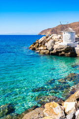 Windmill in port of Aigiali (Ormos Egialis), Amorgos island, Cyclades, Greece