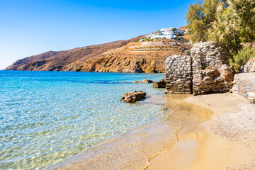 Beautiful sandy beach in Aigiali (Ormos Egialis) bay, Amorgos island, Cyclades, Greece