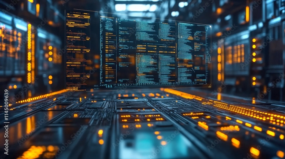 Poster highlighting ai conducting real-time audits in a futuristic data processing environment