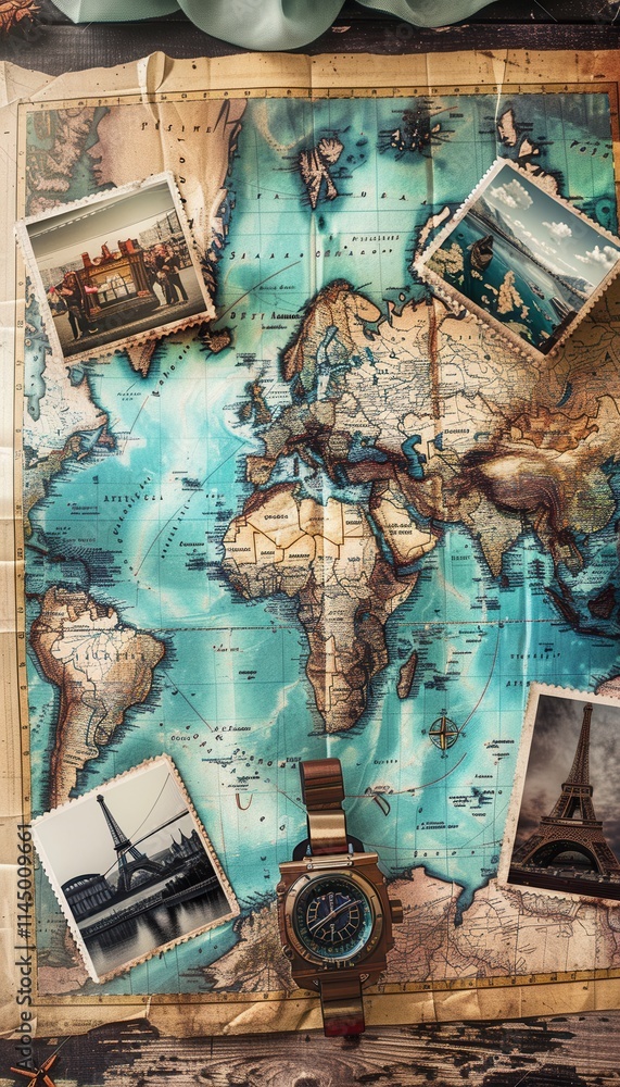 Aufkleber travel memories displayed on a vintage world map with mock up travel photos and a watch for planning