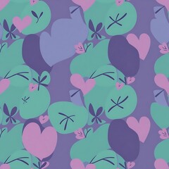 Heartfelt Meadow: A whimsical seamless pattern featuring pastel hearts, dragonfly-like shapes, and organic leaf forms on a muted purple background. Perfect for textiles, stationery.