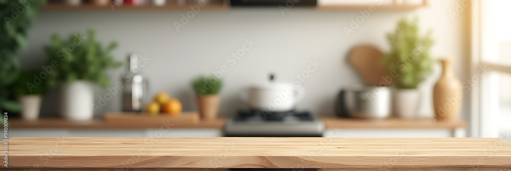 Poster a wooden tabletop against a blurred kitchen background for montage or product display and key visual