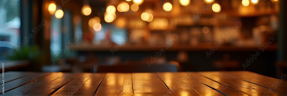 Poster a wooden table top with a blurry golden bokeh effect is set against a dark and vibrant nighttime caf