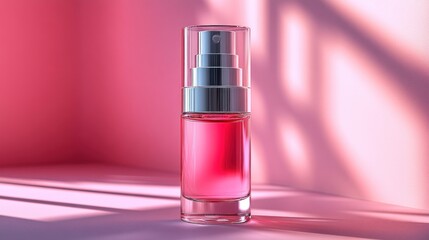 A stylish pink cosmetic bottle on a soft surface with shadows, ideal for skincare products.