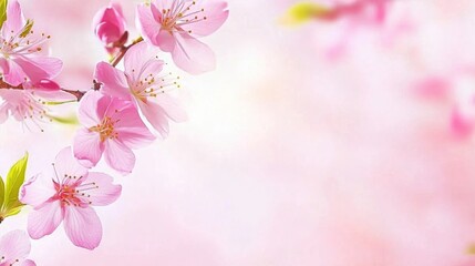 Naklejka premium Spring border with pink blossom, blooming sakura tree and sun flare on blurred background with copy space. Happy Easter sunny day. 