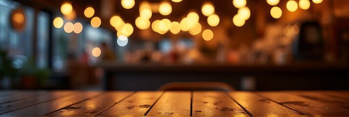 A wooden table top with a blurry golden bokeh effect is set against a dark and vibrant nighttime cafe backdrop._00001_