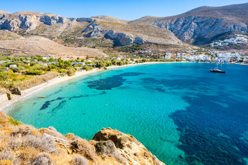 View of idyllic sandy beach in Aigiali bay (Ormos Egialis), Amorgos island, Cyclades, Greece