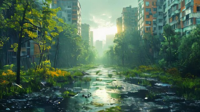 A serene urban scene with lush greenery overtaking dilapidated buildings, rain falling gently on a tranquil stream reflecting sunlight