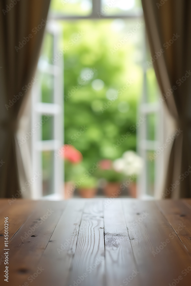 Poster a wooden table top is visible amidst a blurred curtain with a green garden view seen through an open