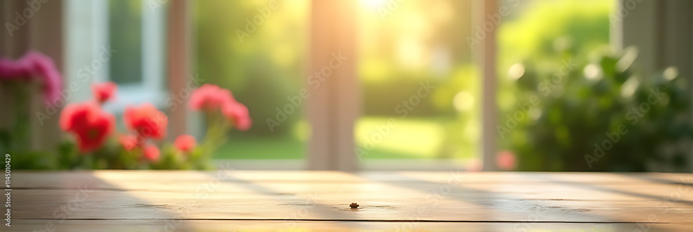 Poster a wooden table top is positioned against a blurred window with flowers from the garden visible in th