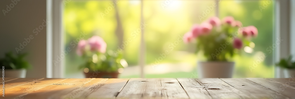 Poster a wooden table top is positioned against a blurred window with flowers from the garden visible in th