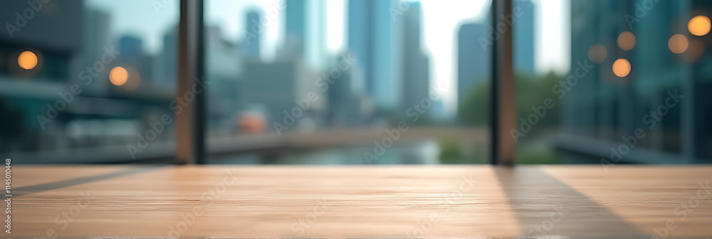 Poster A wooden table top is in sharp focus with a blurred cityscape reflected in its window glass background._00003_