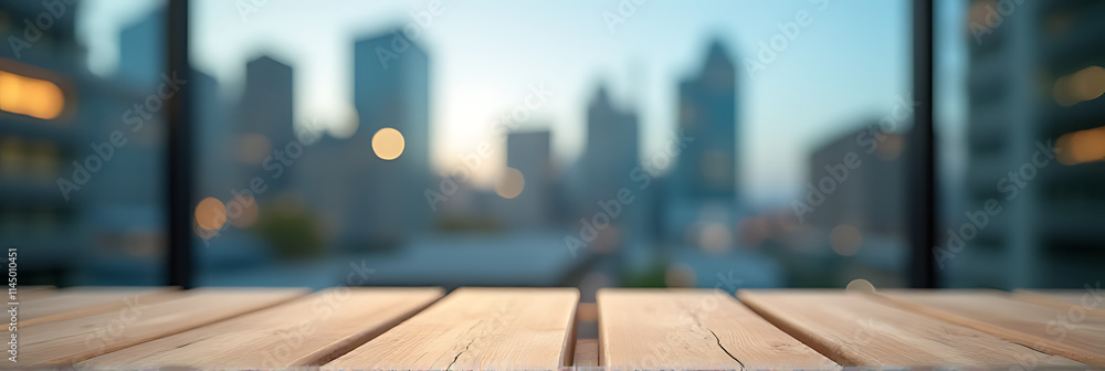 Poster a wooden table top is in sharp focus with a blurred cityscape reflected in its window glass backgrou
