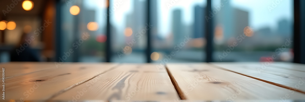 Poster A wooden table top is in sharp focus with a blurred cityscape reflected in its window glass background._00001_