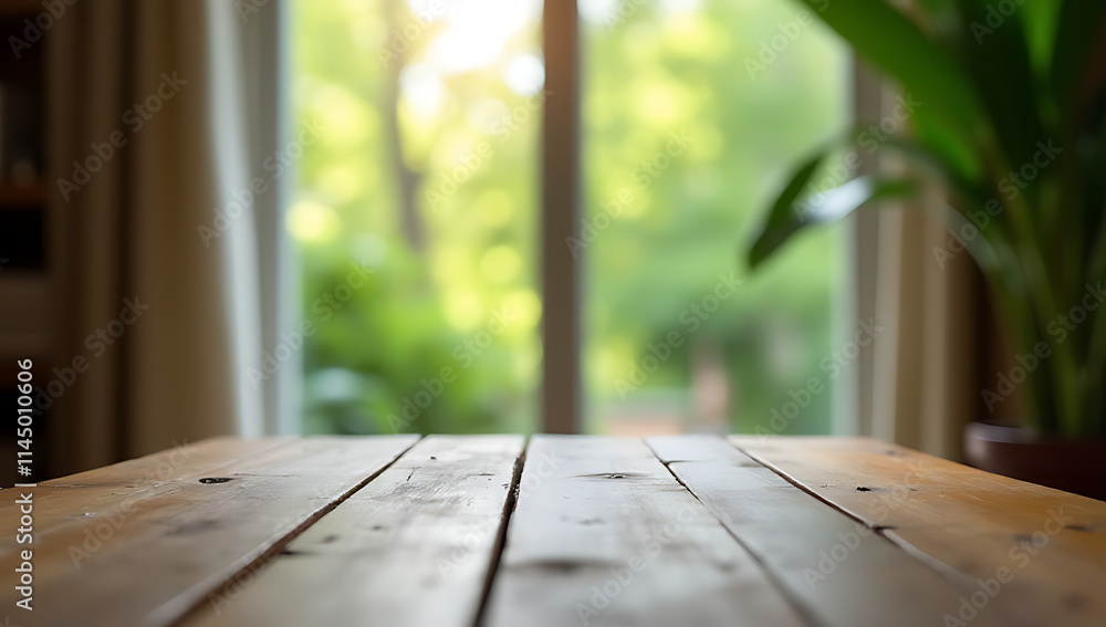 Poster a wooden table sits in a room with a blurred curtain and window view of lush greenery from the adjac