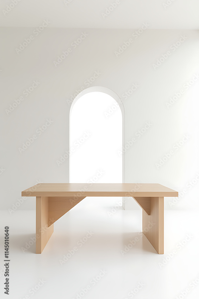Poster a wooden table sits atop a minimalist white backdrop in an architecturally modern office setting wit