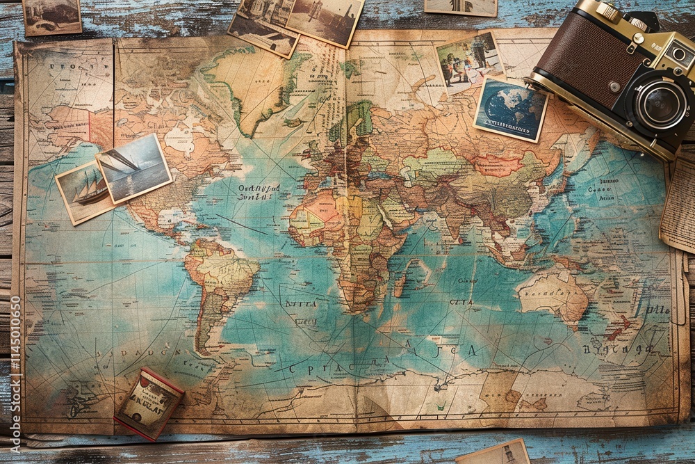 Aufkleber travel memories on a world map backdrop showcasing snapshots of global adventures. generative ai
