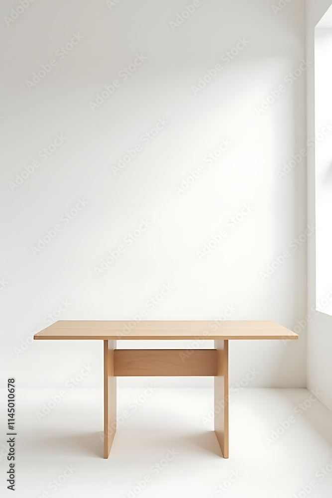 Aufkleber A wooden table sits atop a minimalist white backdrop in an architecturally modern office setting with clean lines and simplicity._00001_