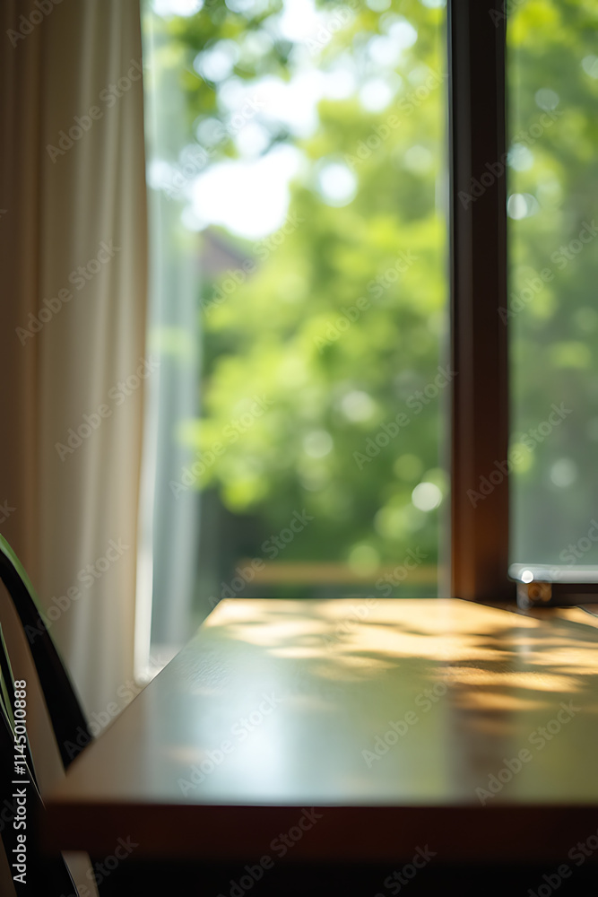 Aufkleber A wooden table sits atop a blurred curtain with a view of greenery through a window surrounded by trees in a garden setting._00003_