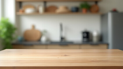 A wooden table sits atop a blurred kitchen background in an ordinary domestic setting._00003_