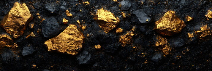 Fototapeta premium Gold nuggets and stones lying on black background, geological texture.