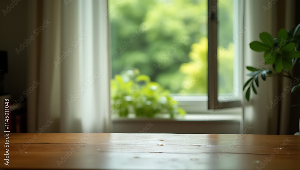 Poster a wooden table is partially blurred by a curtain, while a vibrant green garden scene is visible thro