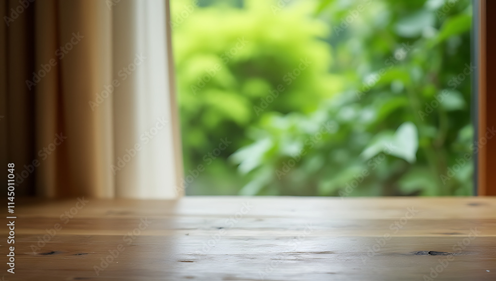 Poster a wooden table is partially blurred by a curtain, while a vibrant green garden scene is visible thro