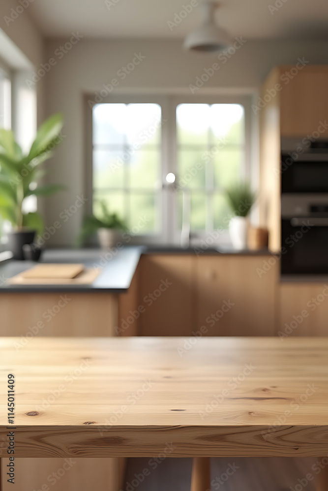 Poster a wooden table and counter island are featured in a blurry kitchen room setting for product display 
