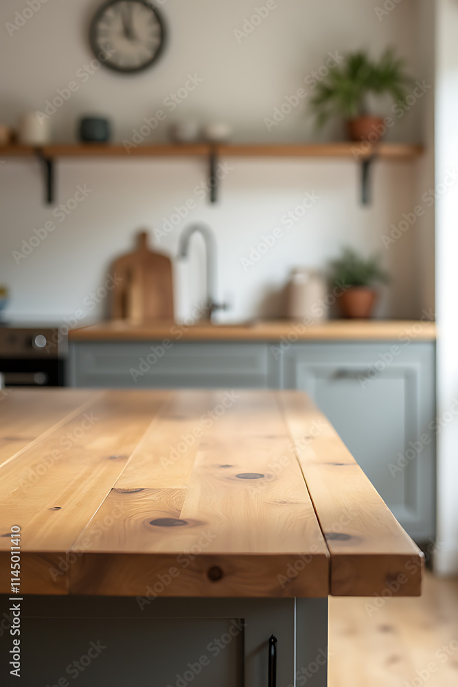 Poster a wooden table and counter island are featured in a blurry kitchen room setting for product display 