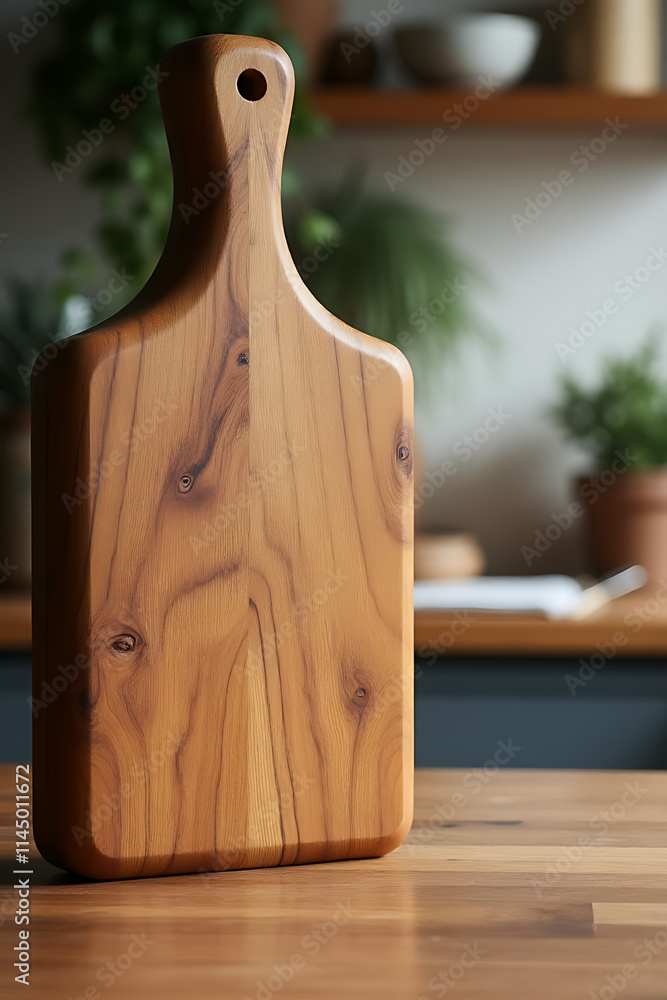 Poster a wooden chopping board rests against a rustic endgrain wood table or kitchen counter with its backg