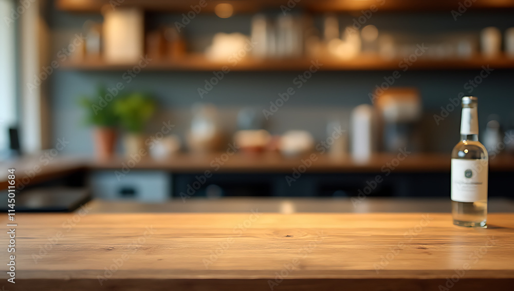 Poster A wooden counter has a blurred image of a bottle in the background on an empty surface next to it._00001_