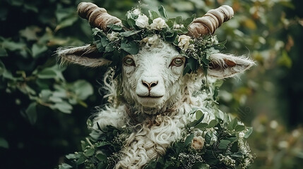 Obraz premium mystical creature adorned with flowers and greenery in lush forest setting