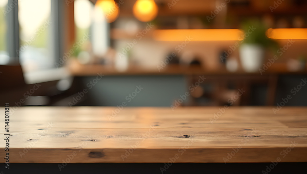 Aufkleber a wood textured table top with a blurred golden bokeh in a cafe or restaurant setting for product di