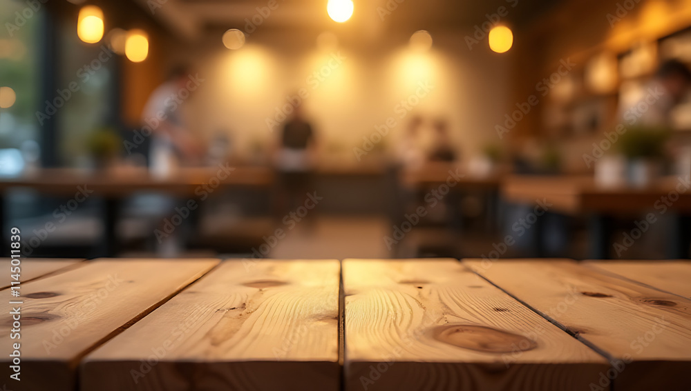 Aufkleber a wood textured table top with a blurred golden bokeh in a cafe or restaurant setting for product di