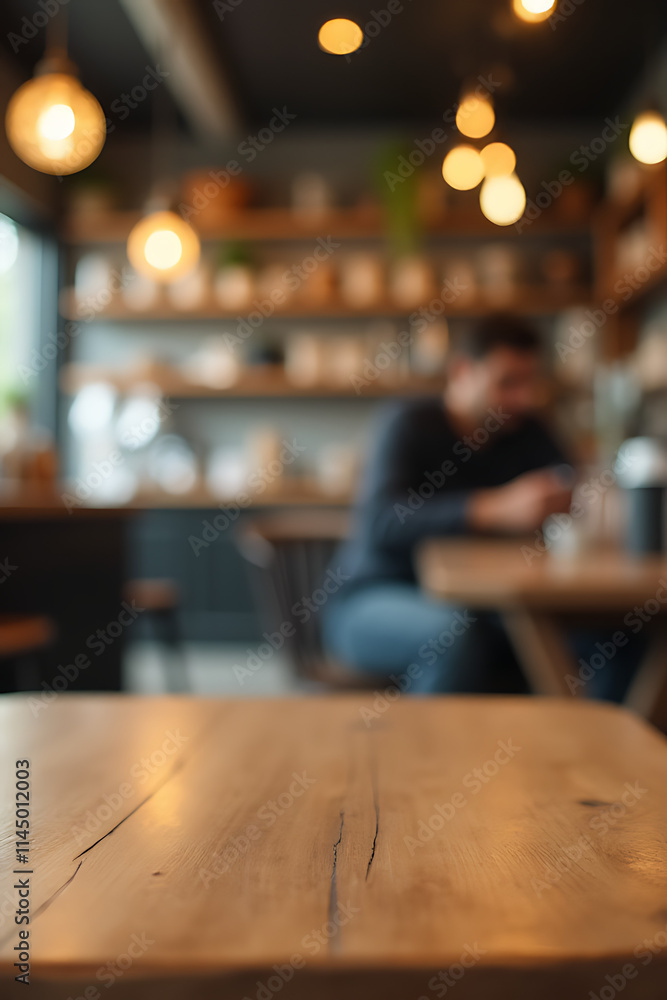 Poster a wood tabletop in a blur of a coffee shop cafe background is ideal for product display and visual l