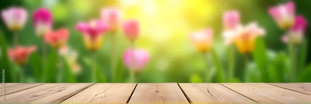 Poster a wood table with a beautiful flower garden in the blurred background provides a selective and uniqu