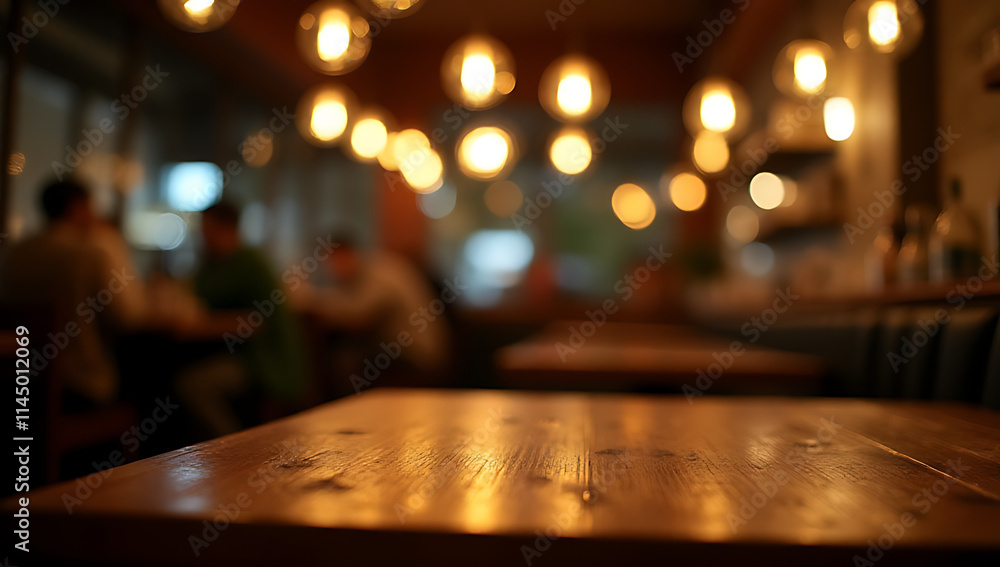 Poster a wood table with a blurred light bokeh effect in a dark night setting of a restaurant or cafe._0000