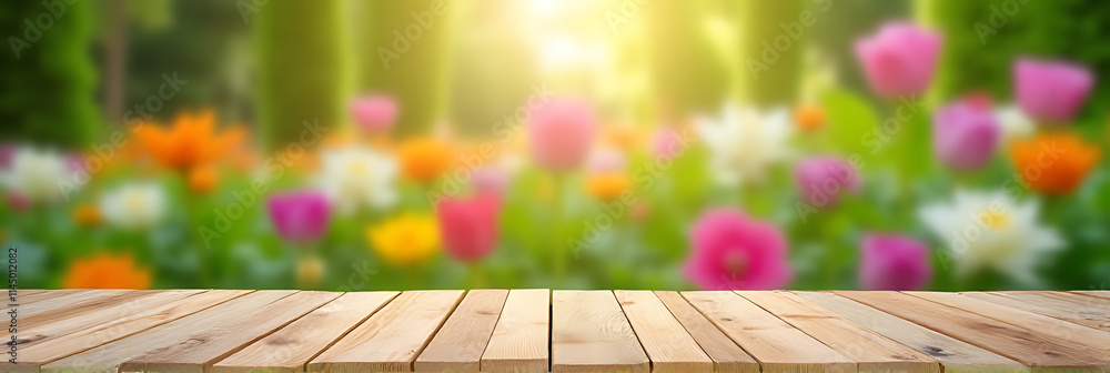 Aufkleber a wood table with a beautiful flower garden in the blurred background provides a selective and uniqu
