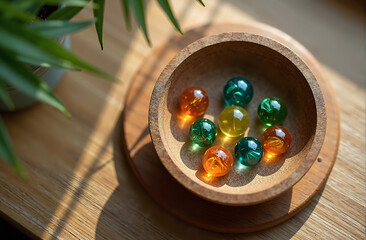wicker basket with little glass balls
