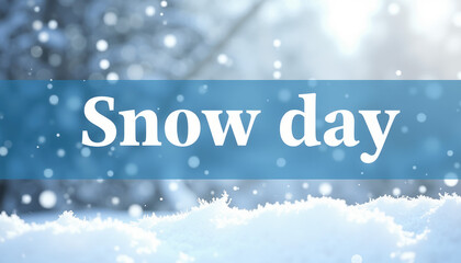 Light blue banner with 'Snow Day' text, set against a wintery background featuring cheerful snowfall, perfect for festive winter events.